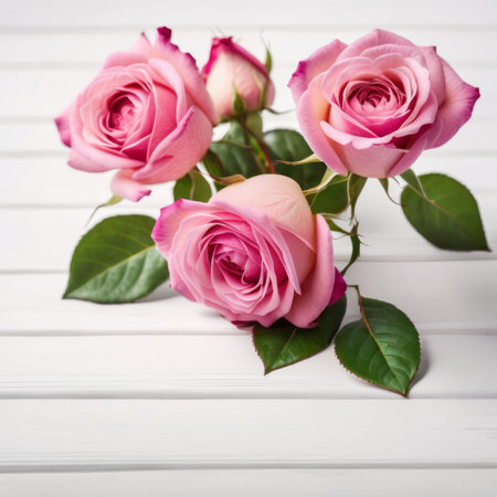 Flowers of pink roses on white wood background. Happy Valentine's Day with this romantic greeting card.の素材