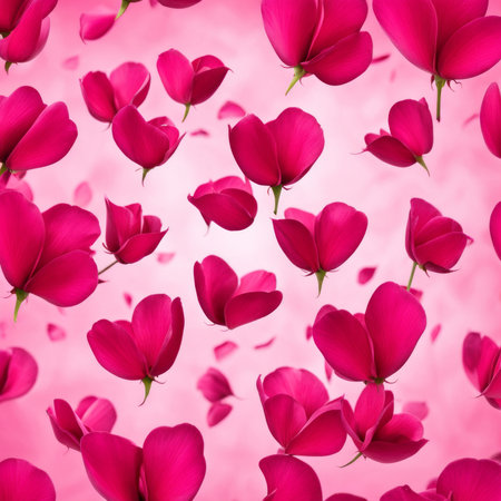 Flying pink rose petals against a pink backgroundの素材