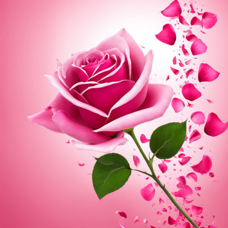 Flying pink rose petals against a pink backgroundの素材