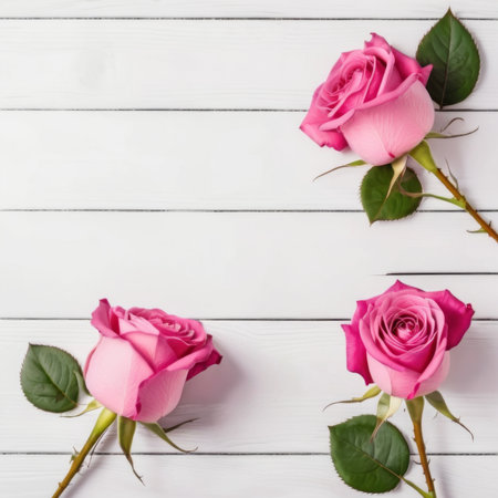Flowers of pink roses on white wood background. Happy Valentine's Day with this romantic greeting card.の素材