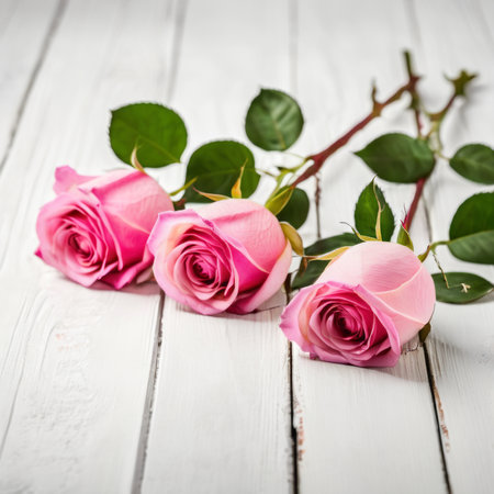 Flowers of pink roses on white wood background. Happy Valentine's Day with this romantic greeting card.の素材