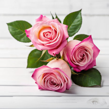 Flowers of pink roses on white wood background. Happy Valentine's Day with this romantic greeting card.の素材