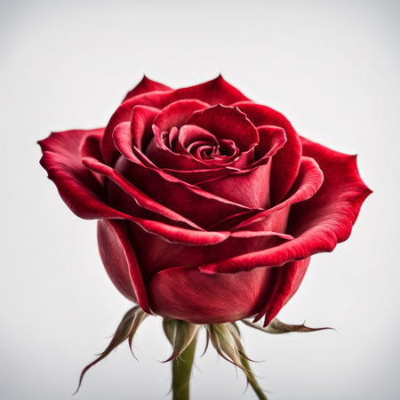 A Red Rose with leaf on a white backgroundの素材