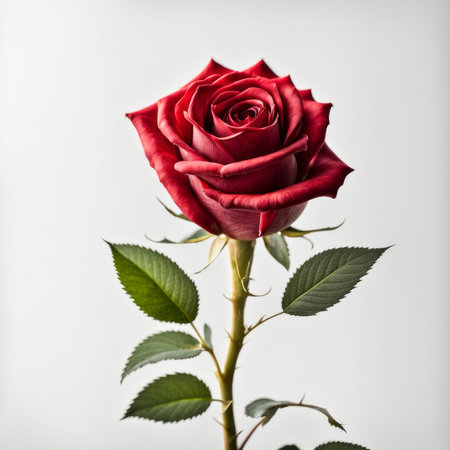A Red Rose with leaf on a white backgroundの素材