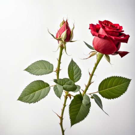A Red Rose with leaf on a white backgroundの素材