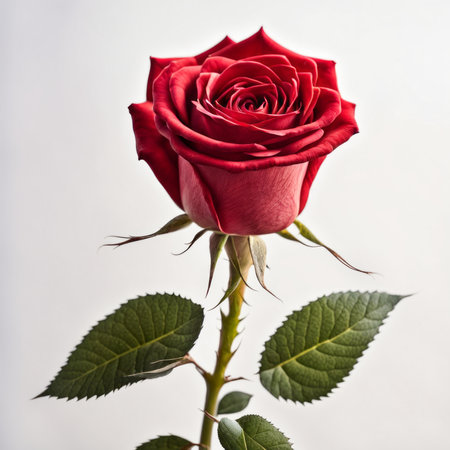 A Red Rose with leaf on a white backgroundの素材