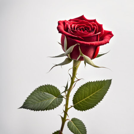A Red Rose with leaf on a white backgroundの素材