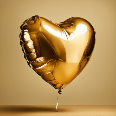 Golden Heart shaped balloon isolated on gold backgroundの素材