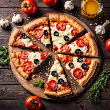 Delicious pizza topped with cheese, tomato on wooden table. Pizza surrounded by natural fresh ingredients mozzarella, basil, garlic and tomato.の素材