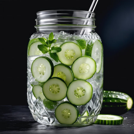 Cold and refreshing detox water with lime, cucumber, mint and ice in glass jar. Copyspaceの素材