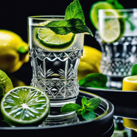 Cold and refreshing infused water with lime, mint and ice in glass. Copyspaceの素材