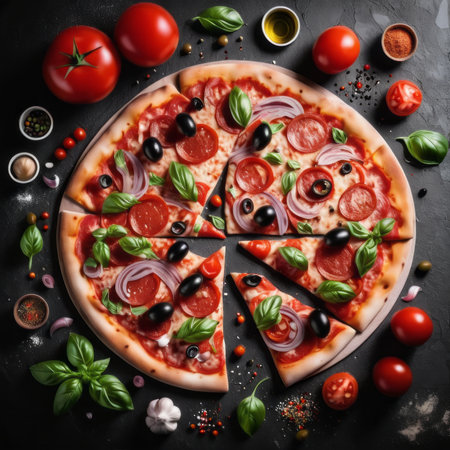 Pizza with tomatoes, olives and mozzarella on black backgroundの素材
