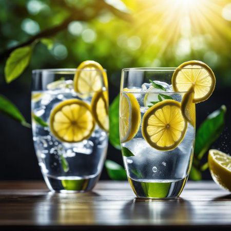 Glasses of water with lemon slices and ice cubes on wooden tableの素材