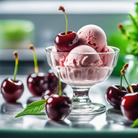 Cherry ice cream with fresh cherries in glass bowl on tableの素材