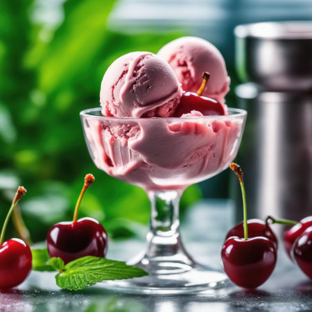 Cherry ice cream in a glass with fresh cherries and mintの素材