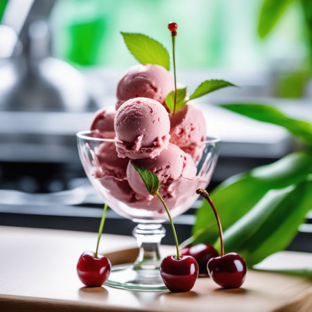 Cherry ice cream in glass bowl with fresh cherries on tableの素材