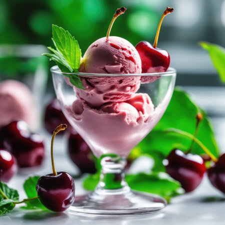 Cherry ice cream with fresh cherries in glass bowl on tableの素材