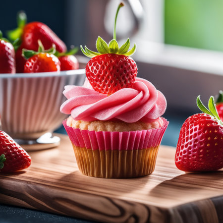 Cupcake with strawberry on a wooden board, selective focus.の素材