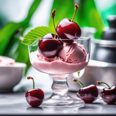 cherry ice cream in glass bowl with fresh cherries on tableの素材