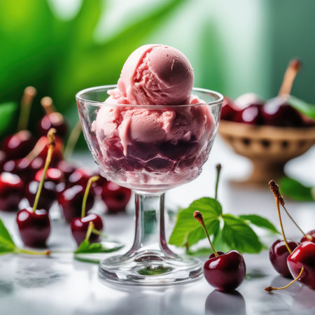 Cherry ice cream with fresh cherries in a glass bowl.の素材