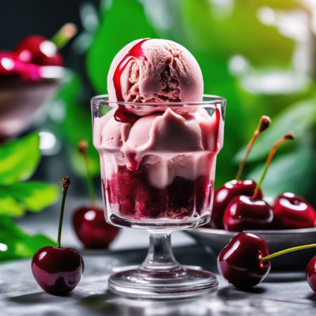 Cherry ice cream in glass with fresh cherries on dark backgroundの素材