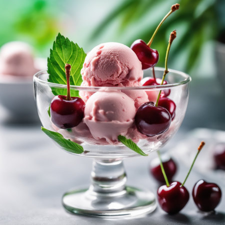Cherry ice cream in glass bowl with fresh cherries on tableの素材