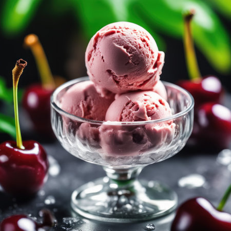 Cherry ice cream in glass bowl with fresh cherries on dark backgroundの素材