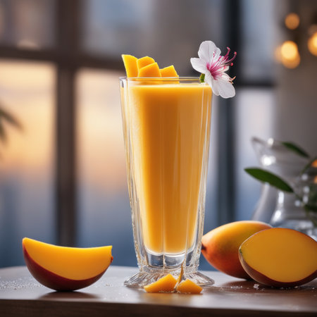 Mango smoothie in a glass with fresh mango fruits and flowersの素材