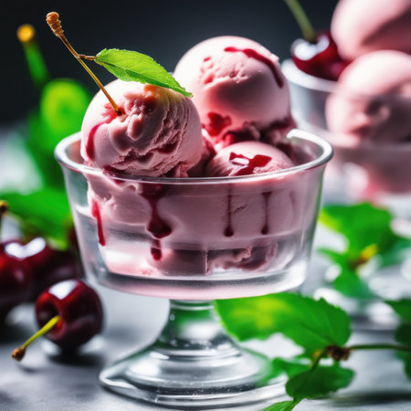 Cherry ice cream in glass bowl with fresh cherries on dark backgroundの素材
