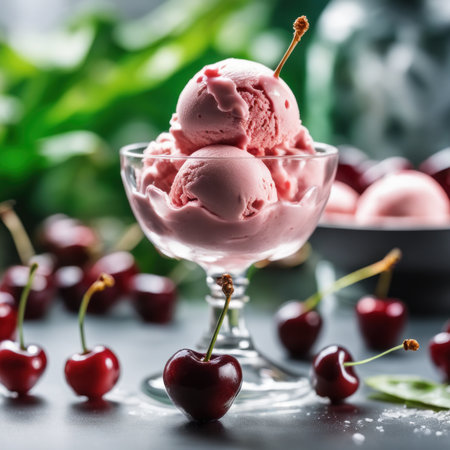 Cherry ice cream in a glass bowl with fresh cherries on dark backgroundの素材