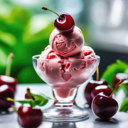 Cherry ice cream with fresh cherries in glass bowl on tableの素材