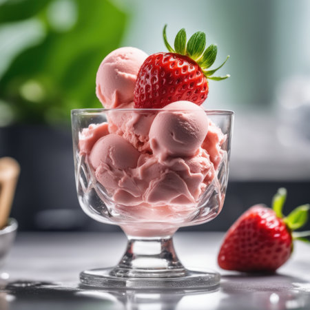 Strawberry ice cream in a glass bowl on the table.の素材