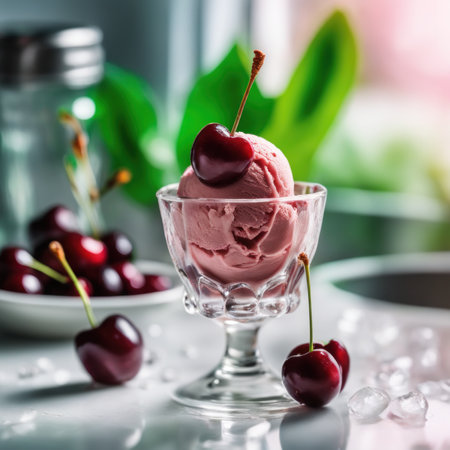 cherry ice cream with fresh cherries in glass bowl on tableの素材