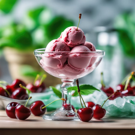 Cherry ice cream in a glass bowl with fresh cherries and mintの素材