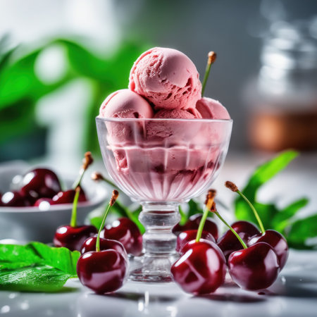 cherry ice cream in a glass bowl on a white background.の素材
