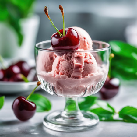Cherry ice cream in glass bowl with fresh cherries on tableの素材