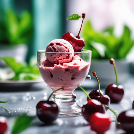 Cherry ice cream in glass with fresh cherries and mint.の素材