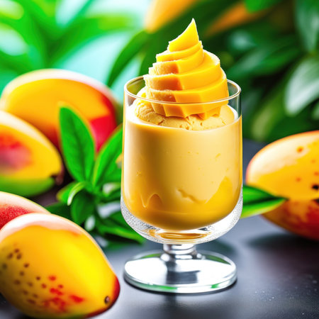 Mango dessert in a glass on a dark background. Selective focus.の素材
