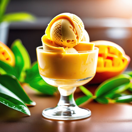 Mango ice cream in glass with fresh mango on brown background.の素材