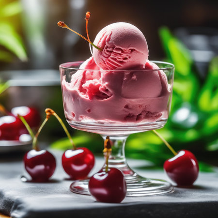 Cherry ice cream in a glass with fresh cherries on a dark backgroundの素材
