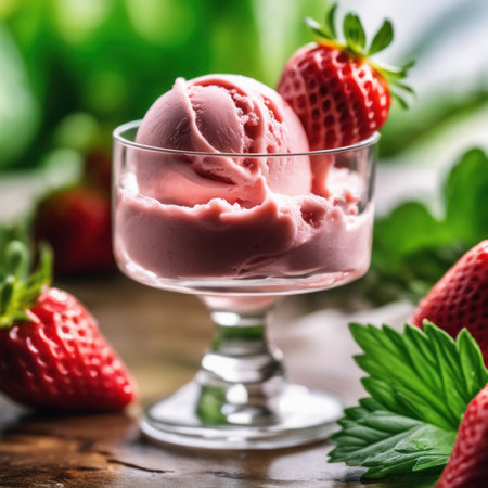 Strawberry ice cream in a glass with fresh strawberries and mint leavesの素材