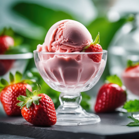 Strawberry ice cream in glass bowl with fresh berries and green leavesの素材