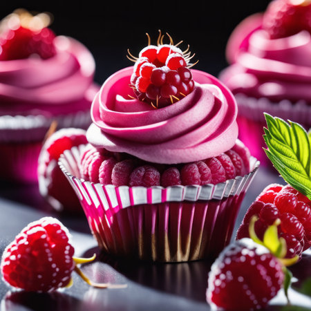 Delicious cupcakes with raspberries on a black background.の素材