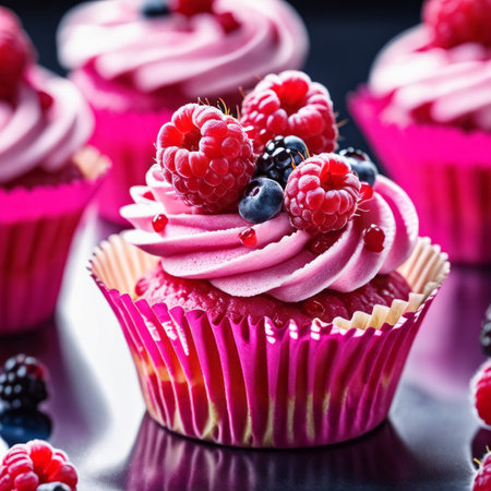 Cupcakes with fresh berries on black background, selective focus.の素材