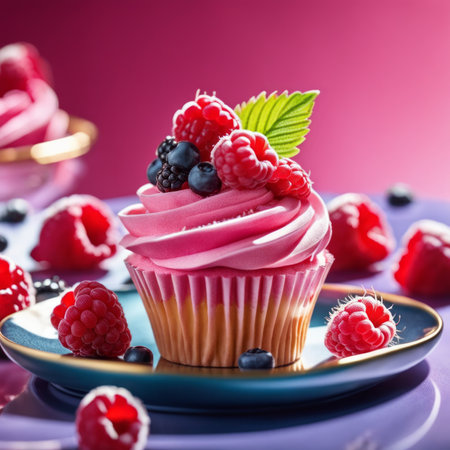 Cupcake with fresh berries on a blue plate on a pink backgroundの素材
