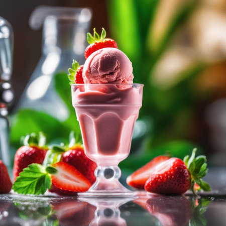 Strawberry ice cream in a glass with fresh strawberries on the tableの素材