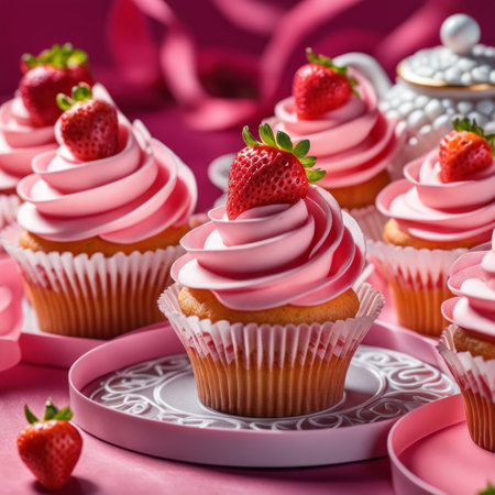 Cupcakes with strawberry on pink background. Selective focus.の素材