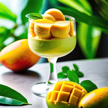 Mango yogurt dessert in a glass with fresh mango pieces and green leavesの素材