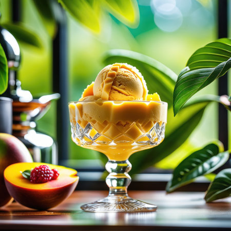 Mango ice cream in a glass bowl with fresh fruits on the backgroundの素材
