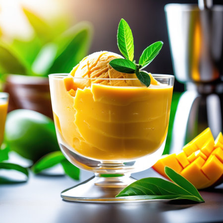 Mango ice cream in a glass with fresh mango fruits and mint leavesの素材